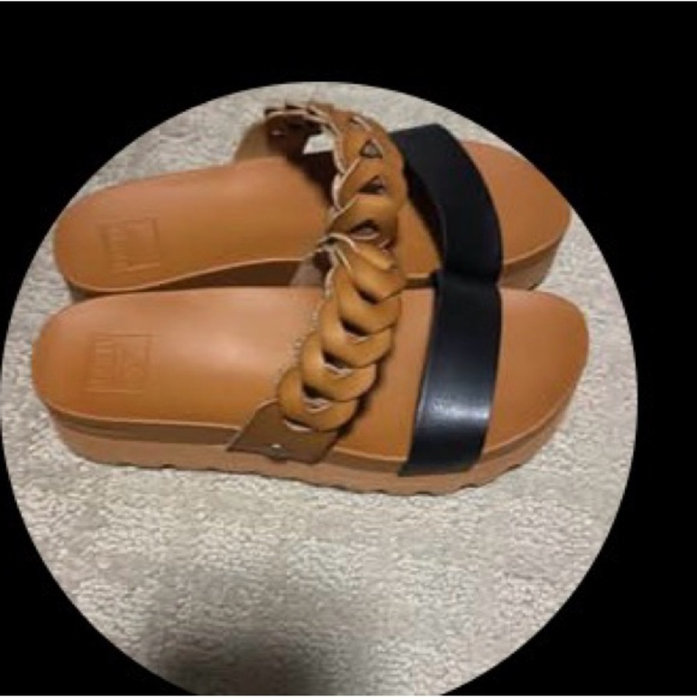Reef Women's Tan and Black Braided-Chain Slide Sandals